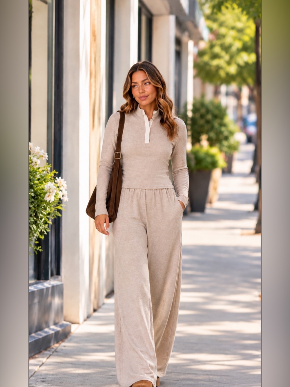 Pink Lily Take Five Cropped Ribbed Quarter Zip & Take Five Ribbed Pants Lounge